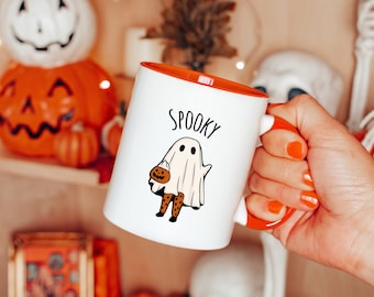 Caneca de café fantasma e abóbora de Halloween estilo retrô, xícara de Halloween, caneca assustadora, xícara de café fantasma, caneca de cacau, caneca de outono, caneca de chocolate quente