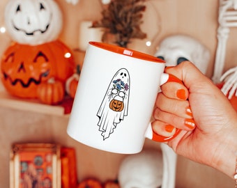 Retro-Stil Halloween-Kürbis und Geist-Kaffeetasse, Halloween-Tasse, gruselige Tasse, Geist-Kaffeetasse, Kakao-Becher, Herbst-Becher, heiße Schokolade