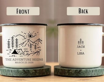 Unique couple gift, Engagement Gift, Customizable Wedding Mug, Personalized Mountain Camping Mug, newly engaged gift, custom camping mugs