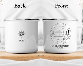 Taza de camping personalizada para pareja, regalos de taza de compromiso, tazas de fogata Mr Mrs Couples, regalo de boda de compromiso para los novios