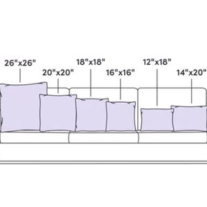 May include: A line drawing of a sofa with six different sized throw pillows. The pillows are labeled with their dimensions in inches, including 26"x26", 20"x20", 18"x18", 16"x16", 14"x20", and 12"x18".