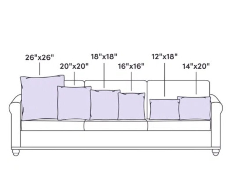 May include: A line drawing of a sofa with six different sized throw pillows. The pillows are labeled with their dimensions in inches, including 26"x26", 20"x20", 18"x18", 16"x16", 14"x20", and 12"x18".