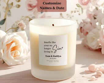 No Longer Living In Sin soy candle, Custom Wedding Gift, Funny Anniversary Gift, Wedding Date Candle, Frosted Glass 11oz, Wedding gift