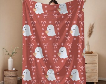 Gemütliche Geist-Mikrofaser-Decke für Halloween, Bücherwurm-Decke, weiche Decke, niedliche Geist-Decke, Kaffee-Geist-Decke, gemütliches Geschenk, Buch