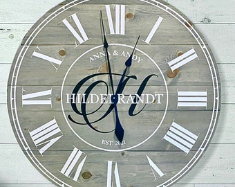 20" Personalized Clock ~ Monogrammed Initial Plaque ~ Oversized Round Wall Clock ~ Modern Farmhouse Home Decor ~ Wedding Gifts ~ Anniversary