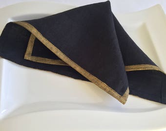 Wedding Black Linen Napkins | Metallic Gold Table Setting Napkins | Dinner Napkins | Holiday Decor | Cloth Napkins | Set of 4