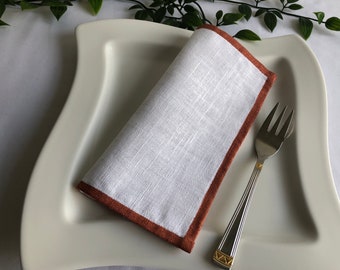 Handmade Linen Cocktail Napkins: White with Copper Border, Set of 4