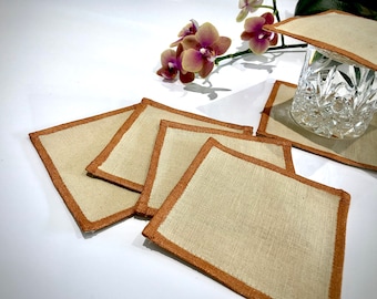 Mother Day Gifts | Linen Coasters | Beige & metallic Bronze Linen Coaster | Hand painted fabric coasters | Set of 4, 6,8 | Holiday Decor
