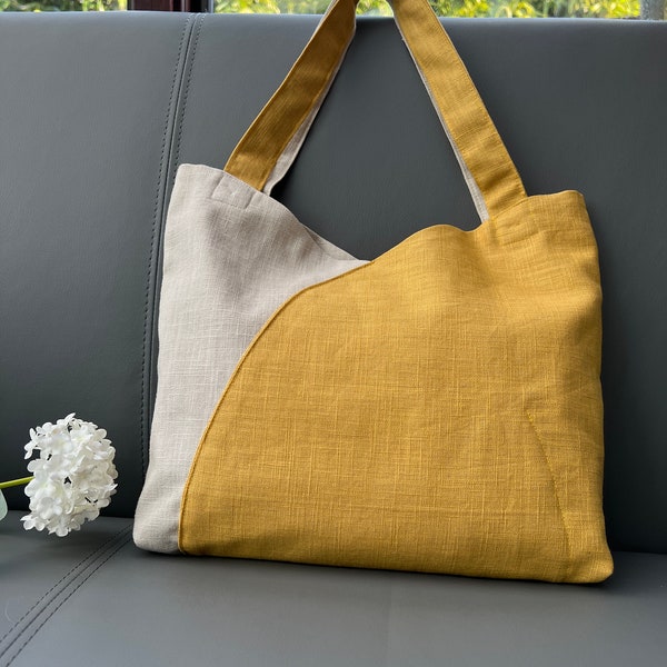Gold & natural linen tote bag, valentine gift, double layer linen fabric bag, shopping bag, shoulder bag, gift for her