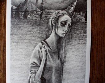 Drawing The runaway - graphite on paper original & signed