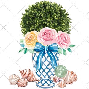 Clipart topiaire aquarelle côtière, topiaire rose png, conception de sublimation de coquillages, arbre floral, conception de sublimation de T-shirt, topiaire preppy