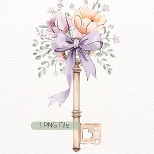 May include: Watercolor illustration of a vintage key adorned with a bouquet of flowers and a lavender bow. The flowers are in shades of pink and peach, with green foliage. The text "1 PNG File" is at the bottom.