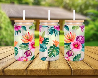 Envoltura de lata de vidrio tropical de 16 oz, lata de vidrio PNG, diseño de sublimación de lata de vidrio, taza de vidrio Libby PNG, taza de primavera, taza de flor hawaiana de acuarela