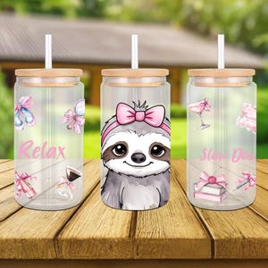Sloth glass can png, 16 oz Glass can wrap png, Libbey glass png, Glass can sublimation design, Watercolor sloth coffee cup