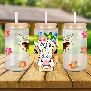 Highland cow glass can png, 16 oz Glass can wrap png, Libbey glass png, Glass can sublimation design, Watercolor highland cow coffee cup
