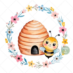 Aquarel honingbij clipart, aquarel bijenkorf png, Floral bee sublimatie ontwerp, schattige bij clipart, Bee uitnodiging, Bee card