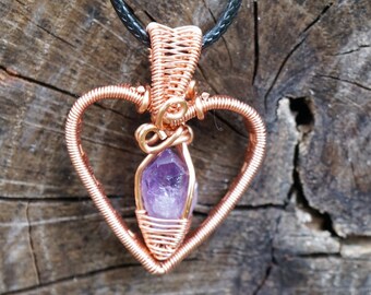Amethyst Copper Heart Chakra Wire Wrap Pendant Necklace