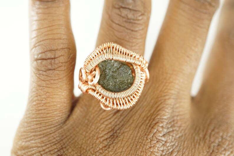 Moldavite Copper Wire Wrap Ring Size 6 12