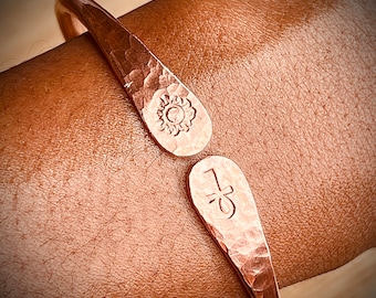 Engraved Ankh Sun Moon Copper Bangle | Adjustable Cuff Bracelet