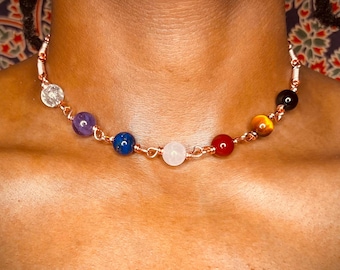 7 Chakra Crystal Bead Copper Choker | Healing Pendant
