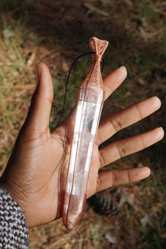 Clear Quartz Point Crystal Copper Pendant Necklace Wire Wrap