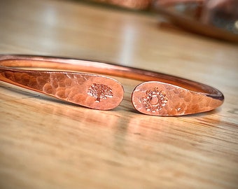 Tree Of Life Sun Moon Engraved Thick Copper Bangle Bracelet Adjustable Cuff