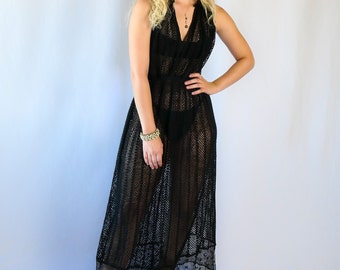 Boho Chic Hand Crocheted 54" Maxi Dress with V-Neck and Two-Tiered Hem