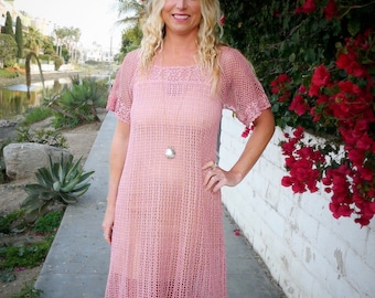 Hand Crocheted Short Sleeve Summer Dress in Rose