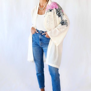 Silk Oversized Kimono Jacket with Hand Painted Pink Flowers and Iridescent Sequins image 2