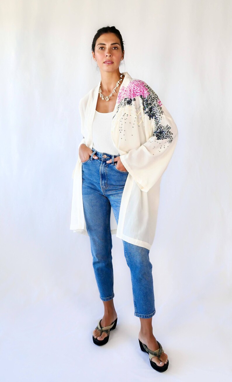 Silk Oversized Kimono Jacket with Hand Painted Pink Flowers and Iridescent Sequins image 2