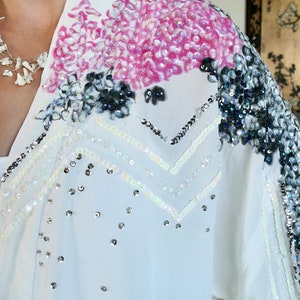 Silk Oversized Kimono Jacket with Hand Painted Pink Flowers and Iridescent Sequins image 5