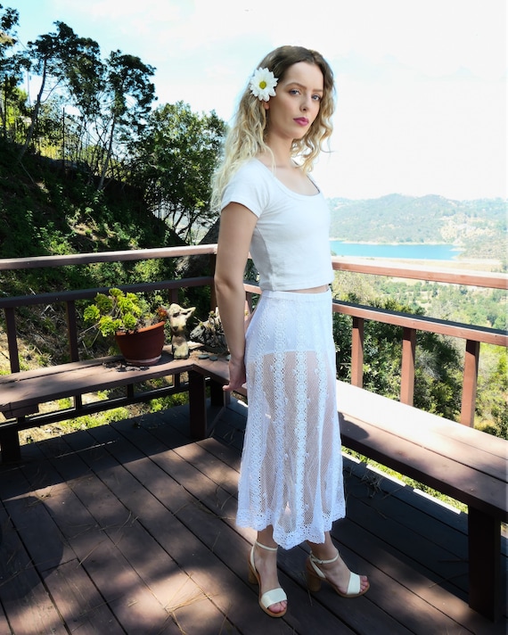 Hand Crocheted Sheer Midi Length Skirt with Verti… - image 3