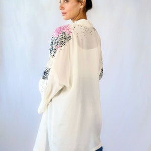 Silk Oversized Kimono Jacket with Hand Painted Pink Flowers and Iridescent Sequins image 4