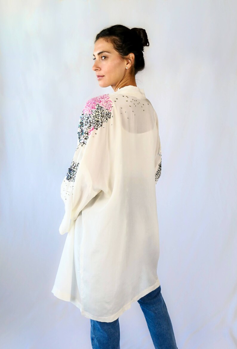 Silk Oversized Kimono Jacket with Hand Painted Pink Flowers and Iridescent Sequins image 4