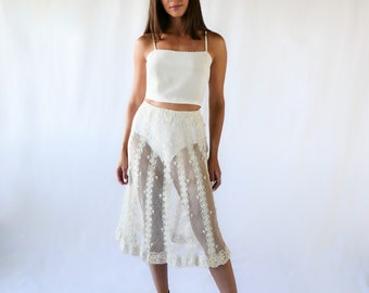 Hand Crocheted Sheer Midi Length Skirt with Vertical Stripes and Floral Motif Hem