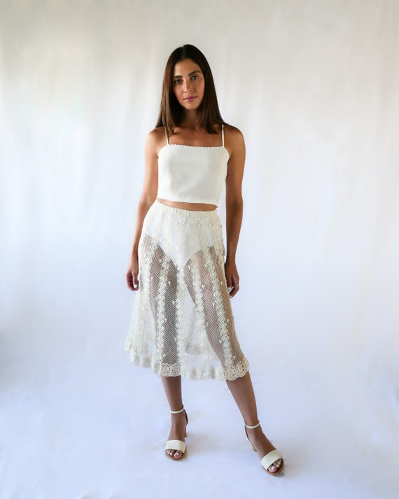 Hand Crocheted Sheer Midi Length Skirt with Vertic