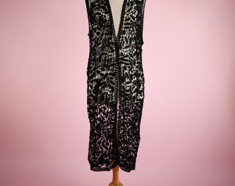 Hand Crocheted Long Vest with Floral and Leaf Design