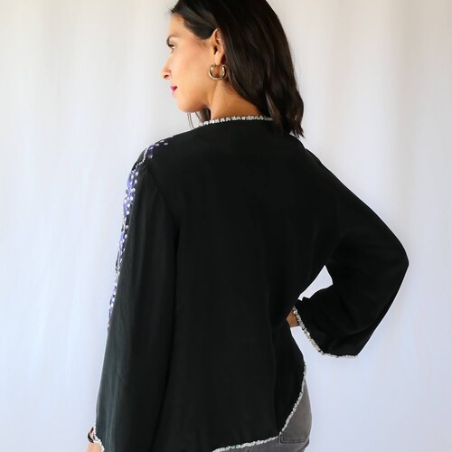 Silk jacket with lavender sales purple hand-painted flowers and sequins