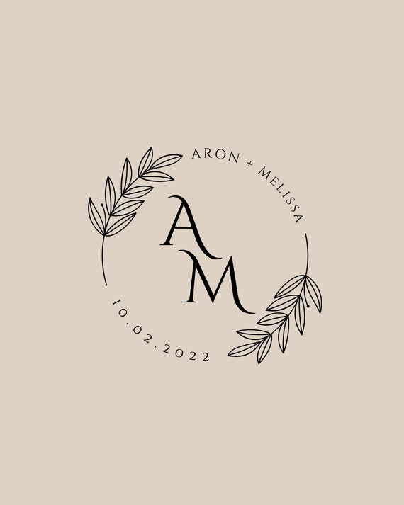 WEDDING LOGO MONOGRAM design Modern Minimalist svg digital download Custom  Circle Leaf Couple logo with Name initial and Date