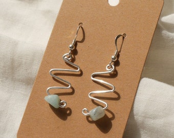 Zig Zag Wire Earrings Ear Hooks • 925 silver, silver-plated copper wire and amazonite nuggets, Boho Hippie
