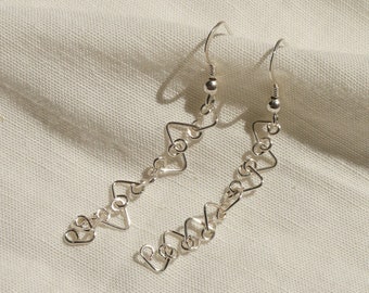 Heart wire earrings ear hooks • 925 silver and silver-plated copper wire, dangling hanging earrings with hearts