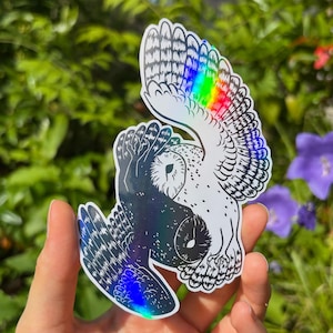 Puede incluir: Una pegatina con dos búhos en un diseño de yin-yang. Un búho es blanco con un ala arcoíris, el otro es oscuro con un ala holográfica. La pegatina se sostiene frente a un fondo de vegetación verde y flores.