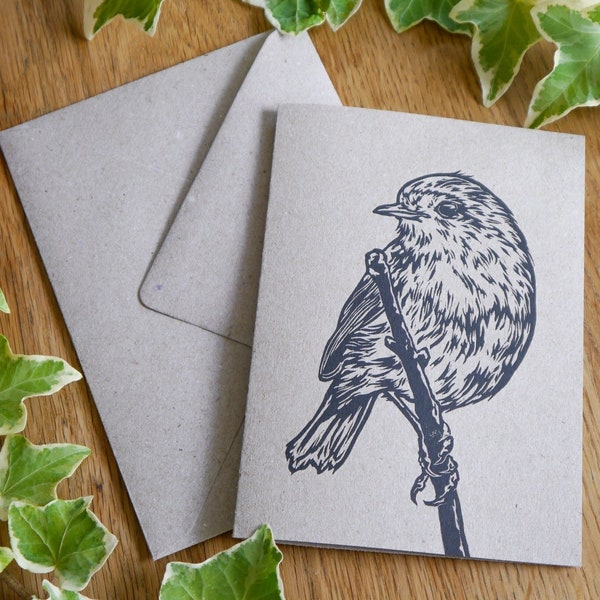 Folding card recycled cardboard robins, hand-printed with envelope • DIN A6