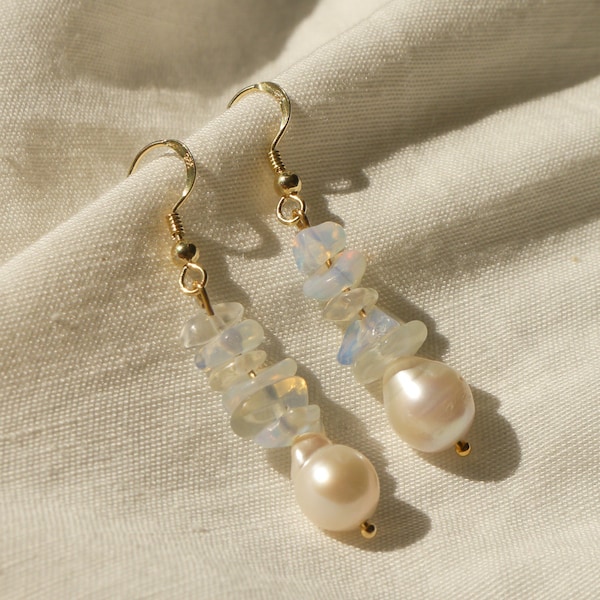 Pearl Opal Crystal Earrings Ear Hooks • 925 silver gold-plated, with real milky gemstone chips and real freshwater pearl