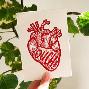 Linoprint red heart anatomical OUCH DIN A6 postcard format 10.5 x 14.8 cm image 1