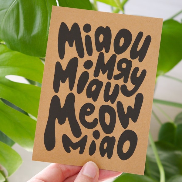 Postkarte Kraftkarton Meow Miau Katze, handgedruckt • DIN A6