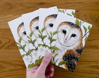 Four barn owls postcards "Lilith" • DIN A6 • Postcard set with drawing of a barn owl with leaves and flowers