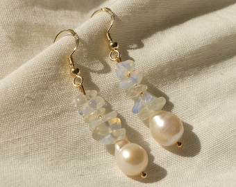 Pearl Opal Crystal Earrings Ear Hooks • 925 silver gold-plated, with real milky gemstone chips and real freshwater pearl