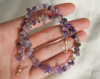Amethyst Choker Necklace • silver-plated/golden clasp, with real purple amethyst chips chips gemstone