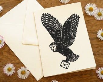 Folding card owl with letter, hand printed with envelope • DIN A6 cream white